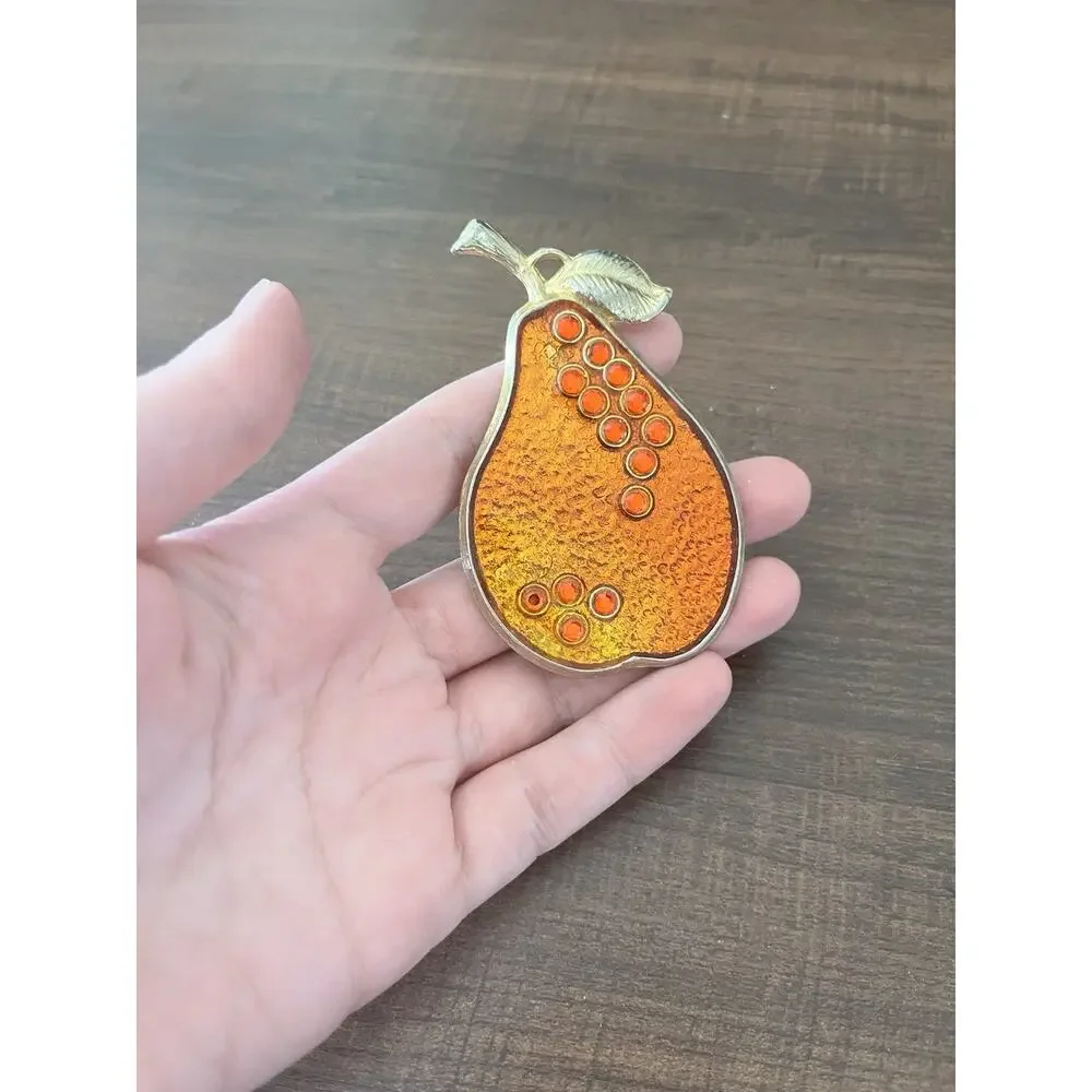 Vintage Beautiful Brass Pocket Mirror Pear Shape Orange Color Bedazzled
